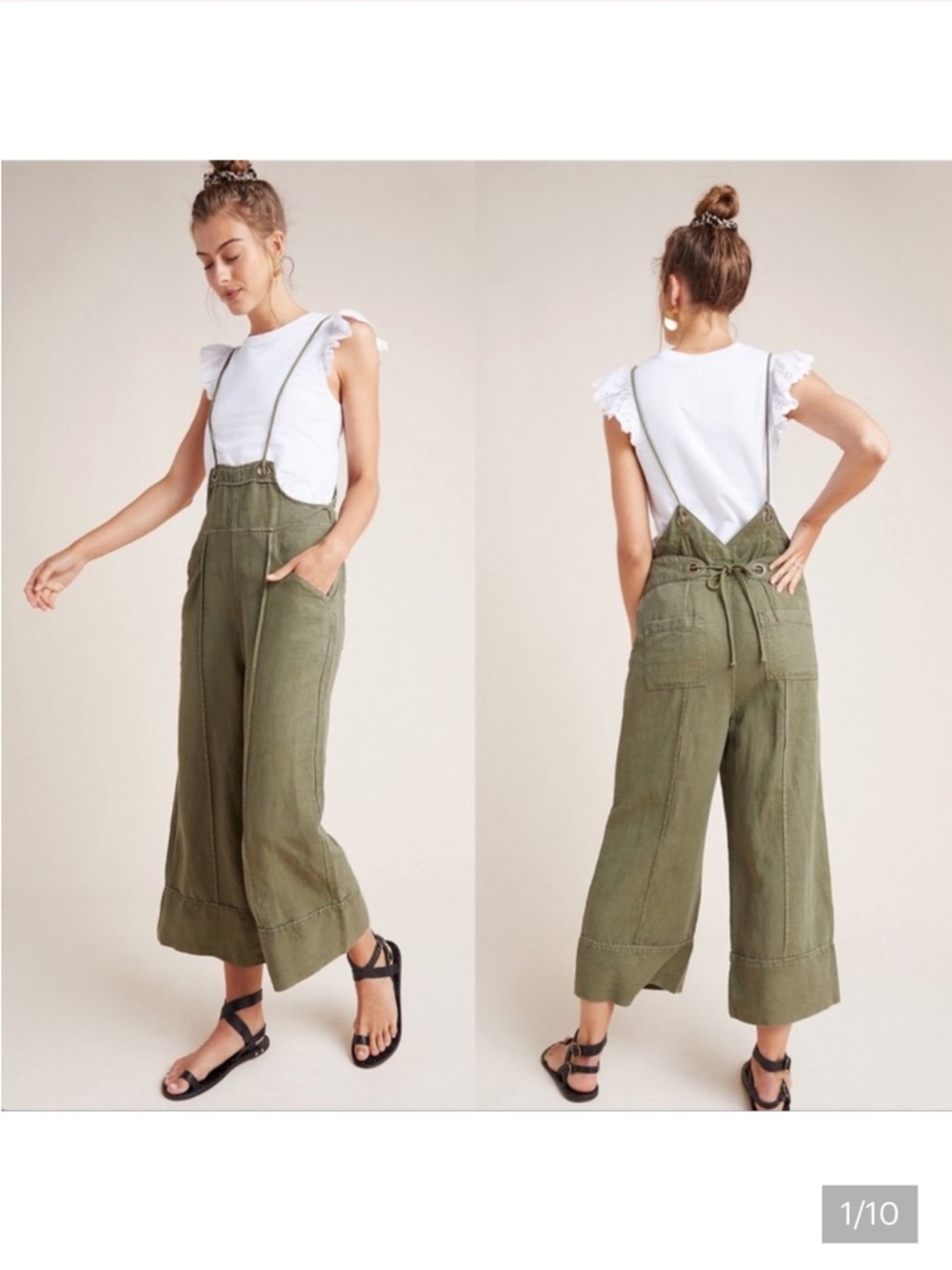 Anthropologie Olive Green Wide-Leg Overalls